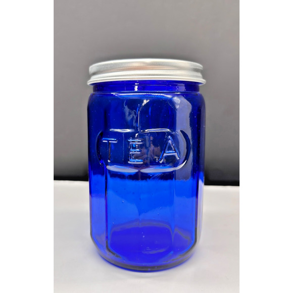 Hoosier Cabinet Style Cobalt Blue Glass Embossed TEA Jar With Metal Screw Lid - Picture 1 of 13